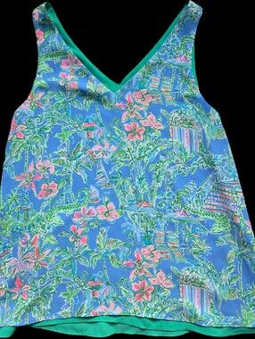 Lilly Pulitzer Blue Tropical Floral V-Neck Florin Tank Reversible Med, Excellent
